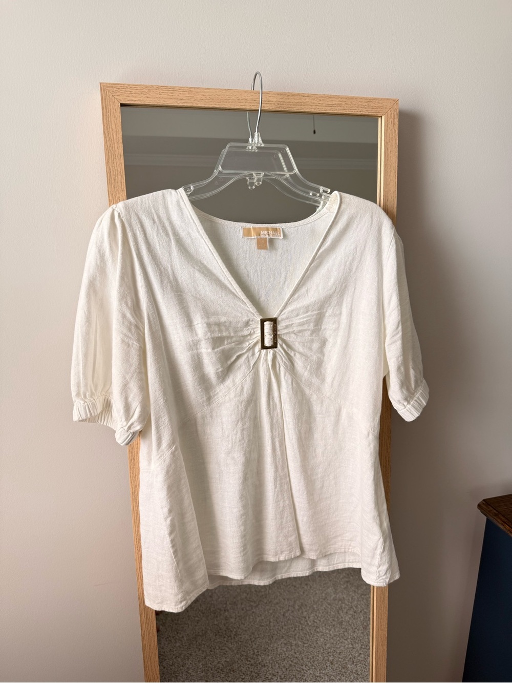 Michael Kors Cream V-Neck Top with Center Accent Buckle